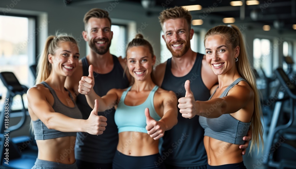 Obraz premium Group of happy young active people in gym showing thumbs up. Positive energy, motivation evident. Healthy lifestyle, fitness focus. Group exercising together. Friendly, supportive atmosphere.