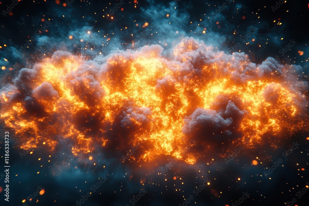 Naklejka premium dramatic explosion effect with dynamic fire, smoke and debris elements for movie or game visual effects on isolated background