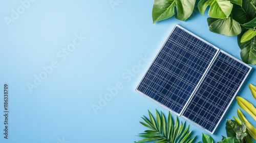 Solar Panels Surrounded by Greenery on Soft Blue Background for Sustainable Energy Concept and Eco-Friendly Living