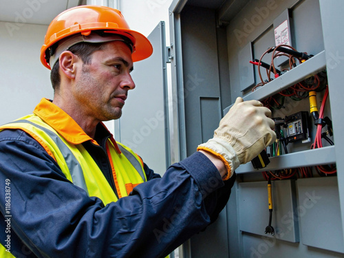 A male electrician works in a switchboard with an electrical connecting cable.
