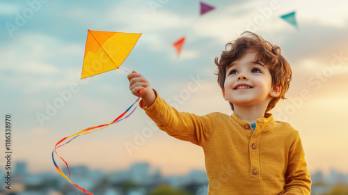 Rooftop, A child joyfully flies a colorful kite on a rooftop, capturing a moment of playfulness and creativity in a vibrant urban setting.