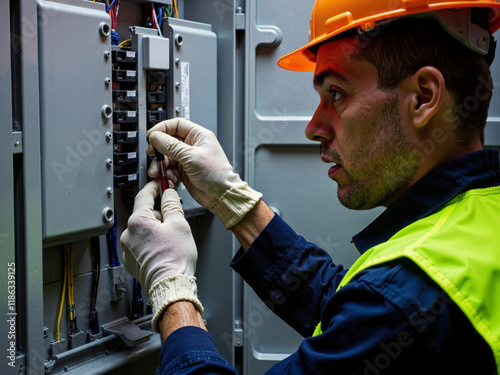 A male electrician works in a switchboard with an electrical connecting cable.