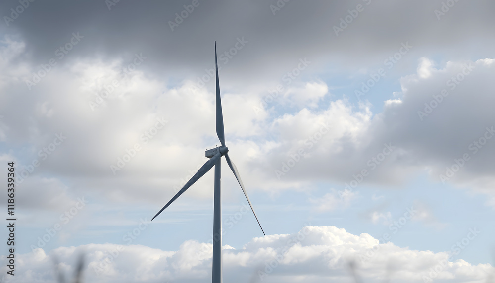 Wind turbine against a background of cloudy sky, blurry foreground, with white tones Wind turbine against a background of cloudy sky, blurry foreground, with white tones