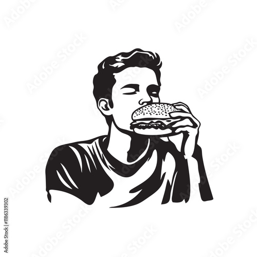 man eating hamburger