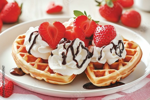 Delicious waffles topped with fresh strawberries, whipped cream, and chocolate sauce for a sweet treat. photo