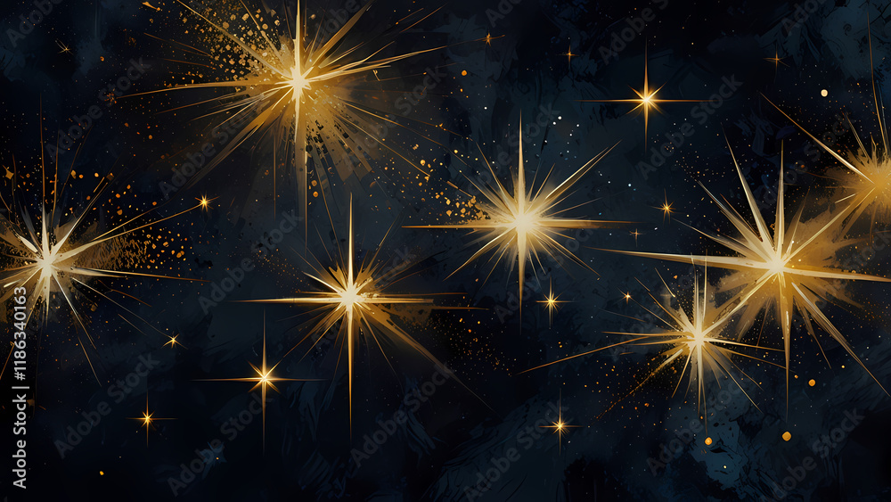 Fototapeta premium A surreal abstract composition featuring geometric star patterns in shades of metallic gold and white, arranged over a textured dark blue backdrop with hints of galactic mist and glittering particles.