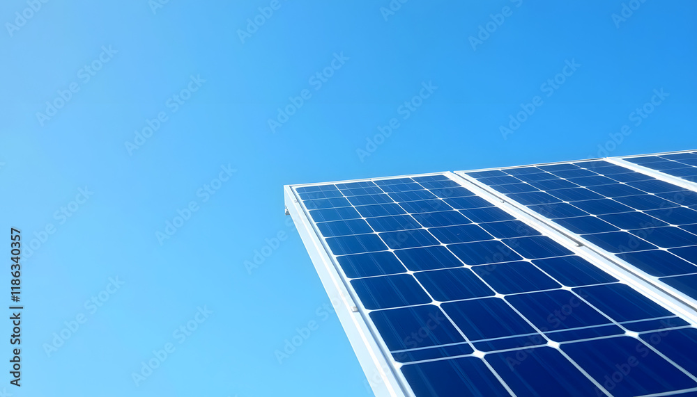 Solar panel on blue sky background, Alternative energy concept,Clean energy,Green energy, angled photoshot, with white tones Solar panel on blue sky background, Alternative energy concept,Clean energy,Green energy, angled photoshot, with white tones