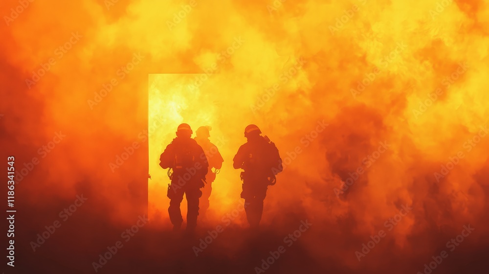 Obraz premium Three firefighters are running out of a burning building engulfed in flames and thick smoke during a dangerous rescue operation, highlighting the bravery and risks involved in their profession