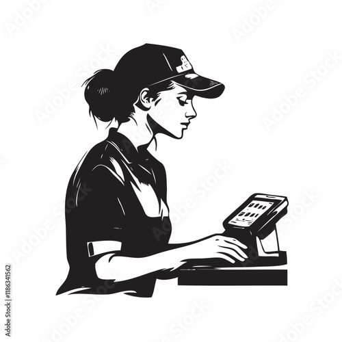 person typing on a computer, cashier  