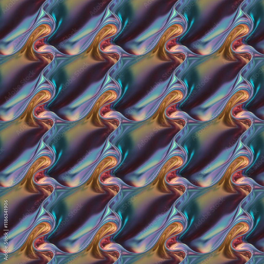 Obraz premium Iridescent swirl lines abstract colorful Repeating seamless pattern blue purple hues background