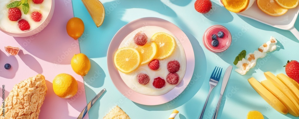 Flat lay of healthy breakfast options with fresh fruit and yogurt, vibrant food photography, nutritious lifestyle. Flat lay of healthy breakfast options with fresh fruit and yogurt, vibrant food photography, nutritious lifestyle.