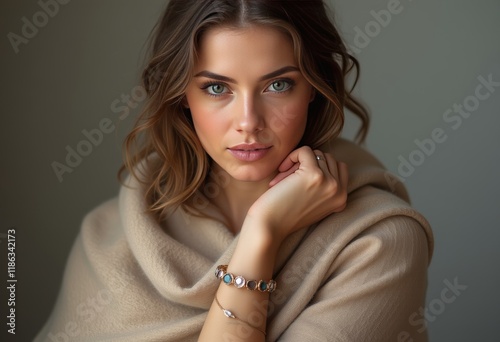 Woman in cozy knit shawl with turquoise bracelet.