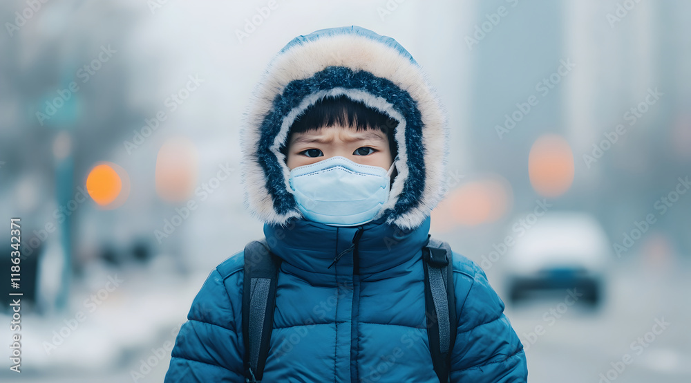 A young child wearing a blue coat and a mask stands on a snowy street, surrounded by urban scenery in a chilly atmosphere. A young child wearing a blue coat and a mask stands on a snowy street, surrounded by urban scenery in a chilly atmosphere.