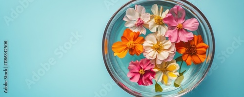 Floral arrangement in water, vibrant blossoms floating in a clear bowl, set against a light blue background, serene and calming aesthetic with delicate petals