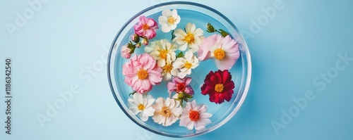Floral arrangement in water, vibrant blossoms floating in a clear bowl, set against a light blue background, serene and calming aesthetic with delicate petals