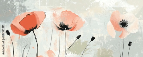 Floral design with abstract flowers in soft colors, featuring poppies and delicate line art Subtle background with gentle shapes enhances the aesthetic