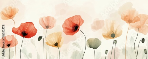 Floral design with abstract flowers in soft colors, featuring poppies and delicate line art Subtle background with gentle shapes enhances the aesthetic