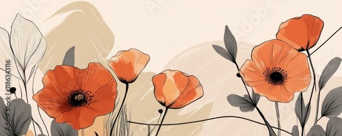 Floral design with poppies and abstract shapes in warm tones, featuring black outlines against a light background, conveying a sense of elegance and