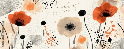 Floral design with poppies and abstract shapes in warm tones, featuring black outlines against a light background, conveying a sense of elegance and
