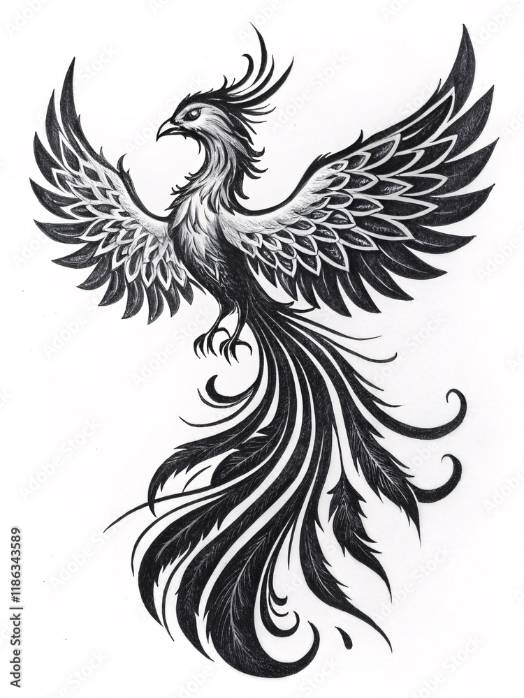 Majestic Phoenix Rising: A Vertical Black-and-White Tattoo Design Showcasing Grace and Power Against a Clean White Canvas, Embodying Rebirth and Eternal Strength. Majestic Phoenix Rising: A Vertical Black-and-White Tattoo Design Showcasing Grace and Power Against a Clean White Canvas, Embodying Rebirth and Eternal Strength.
