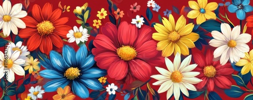 Floral pattern design featuring bright daisies and colorful flowers on a vibrant red background Perfect for textiles, wallpaper, or summer themed projects