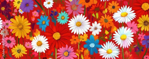 Floral pattern design featuring bright daisies and colorful flowers on a vibrant red background Perfect for textiles, wallpaper, or summer themed projects