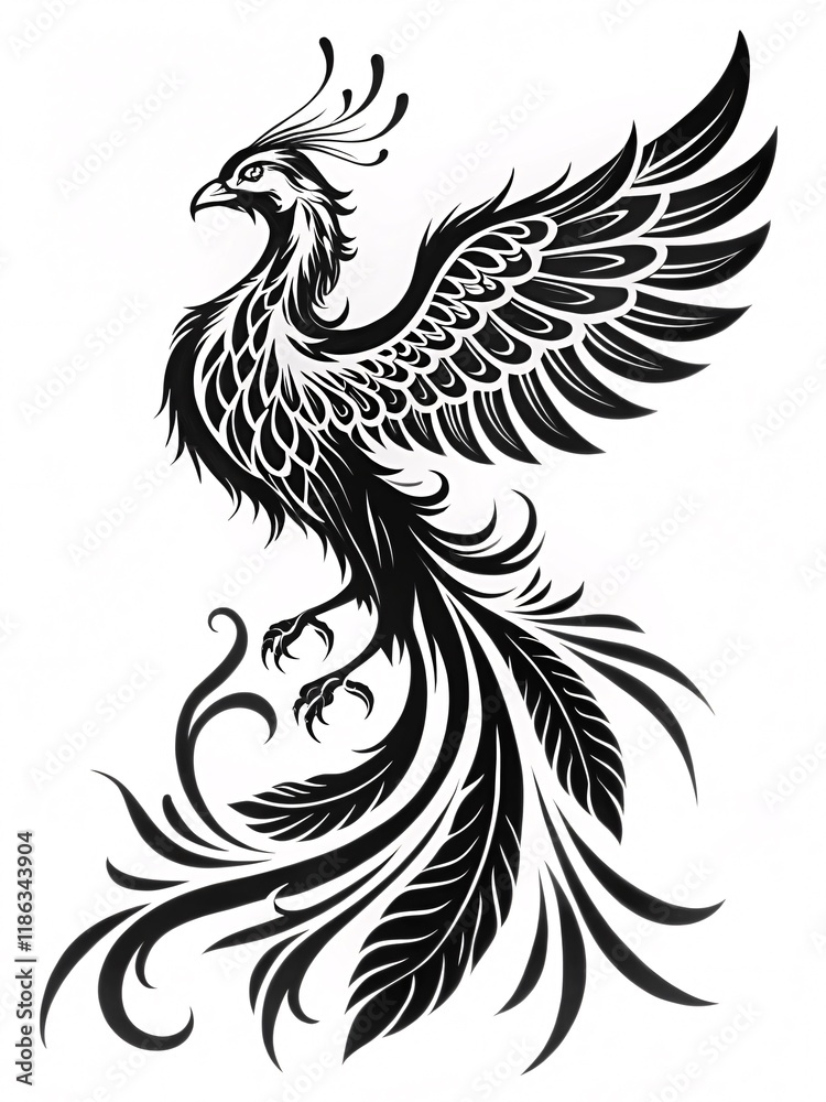 Majestic Phoenix Rising: A Vertical Black-and-White Tattoo Design Showcasing Grace and Power Against a Clean White Canvas, Embodying Rebirth and Eternal Strength. Majestic Phoenix Rising: A Vertical Black-and-White Tattoo Design Showcasing Grace and Power Against a Clean White Canvas, Embodying Rebirth and Eternal Strength.