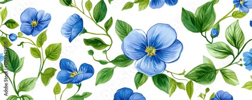 Floral pattern with blue flowers and green leaves on a white background, perfect for textile design or home decor Bright, fresh, and vibrant