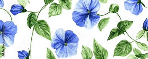 Floral pattern with blue flowers and green leaves on a white background, perfect for textile design or home decor Bright, fresh, and vibrant