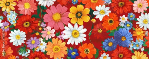 Floral pattern with vibrant colors on a red background featuring daisies and other blooming flowers, ideal for design, fabric, or wallpaper