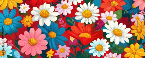 Floral pattern with vibrant colors on a red background featuring daisies and other blooming flowers, ideal for design, fabric, or wallpaper