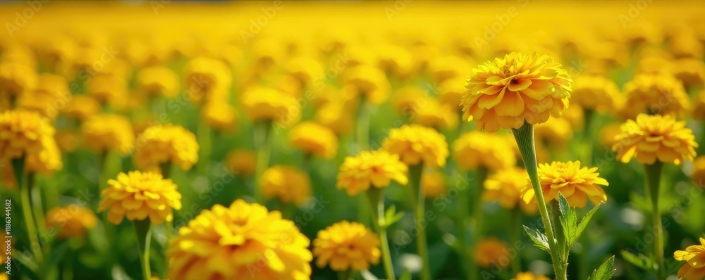 Obraz premium A sea of bright yellow marigold blooms in a vast field, wildflower, garden, sunny