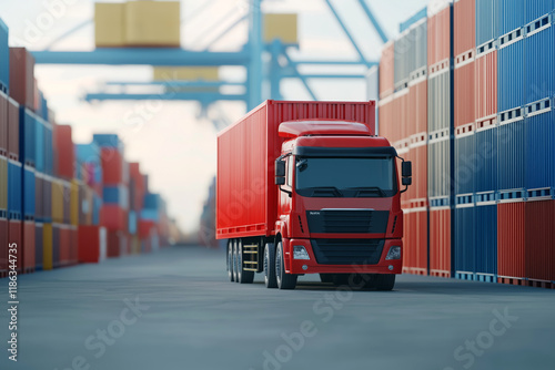 Red Freight Truck in a Busy Shipping Yard Surrounded by Stacked Containers photo