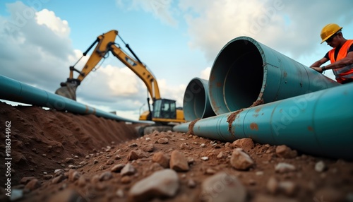 Construction workers install large pipes in excavation site. Heavy equipment like excavators present. Workers wear safety gear. Dirt, rocks around pipes. Partly cloudy sky provides daylight.