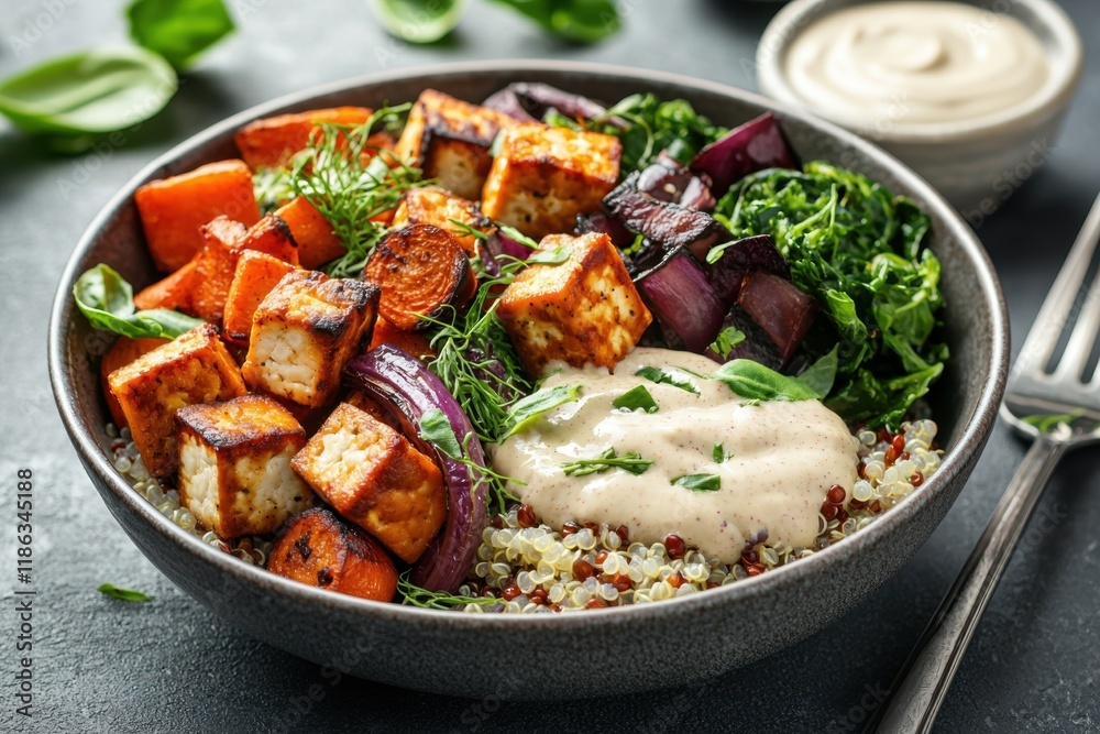 Delicious tofu and quinoa bowl recipe cozy kitchen setting healthy food presentation rustic dining environment top-down view nutrient-packed concept with tofu Delicious tofu and quinoa bowl recipe cozy kitchen setting healthy food presentation rustic dining environment top-down view nutrient-packed concept with tofu