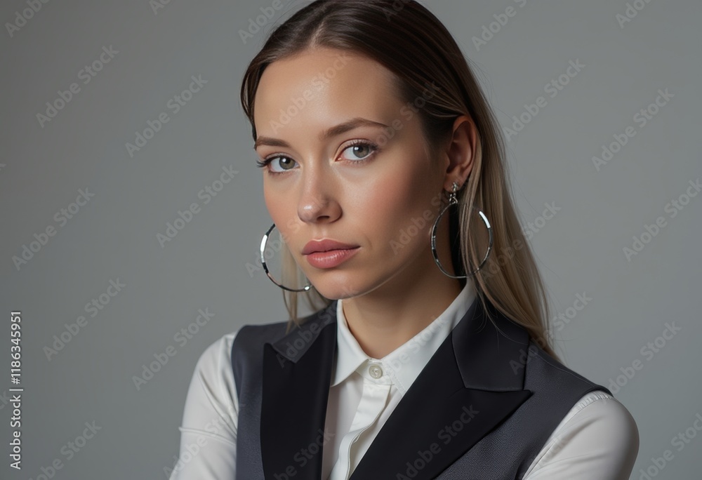Woman in black vest with oversized hoop earrings. Woman in black vest with oversized hoop earrings.