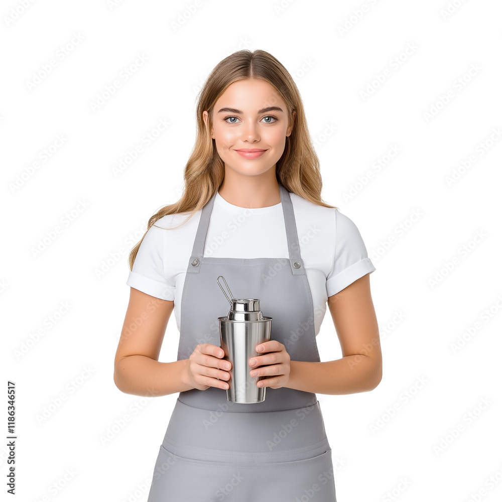 Female Barista Holding Shaker | Coffee Shop Staff, Apron, Isolated Female Barista Holding Shaker | Coffee Shop Staff, Apron, Isolated