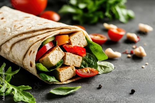 Delicious tofu wrap with fresh veggies and hummus food styling kitchen indoor close-up healthy eating concept photo
