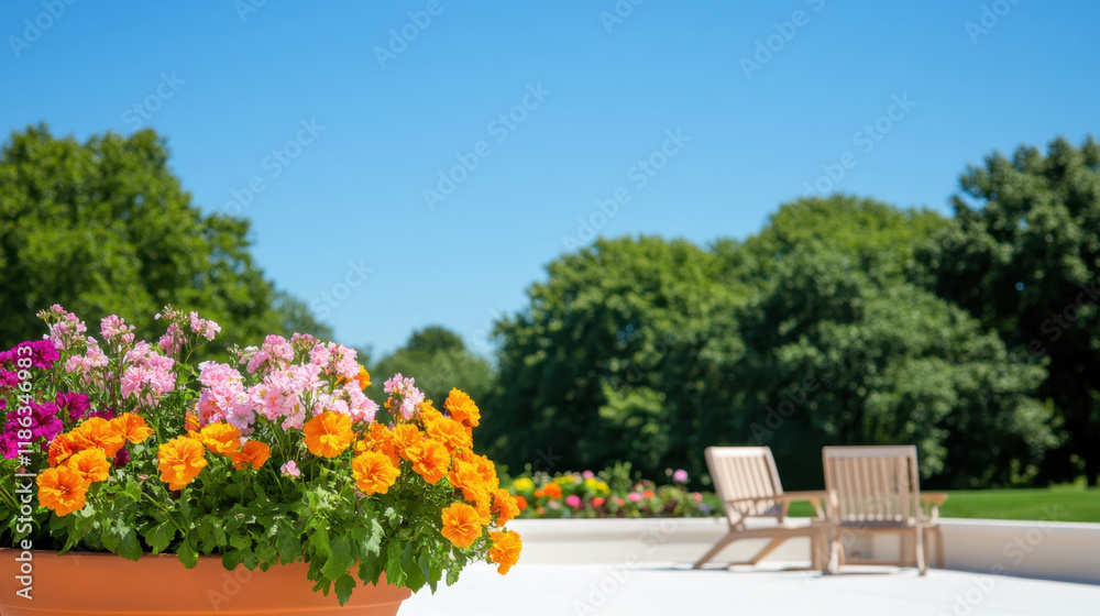 Obraz premium Rooftop, A vibrant rooftop garden bursting with colorful flowers, showcasing a beautiful urban oasis perfect for relaxation and outdoor enjoyment.