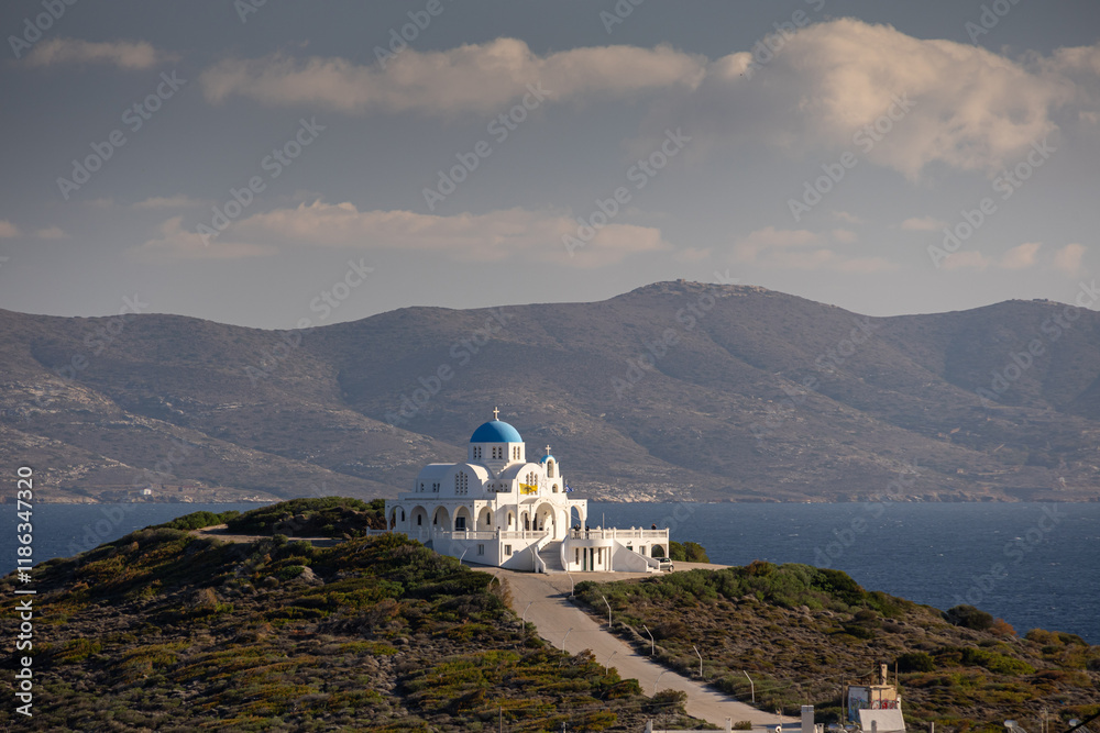 Church of Prophet Elias in Marina Mikrolimanou from Greece. Beautiful landscape photo with this orthodox Greek church against clean blue sky.
