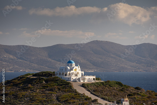 Obraz na płótnie Church of Prophet Elias in Marina Mikrolimanou from Greece. Beautiful landscape photo with this orthodox Greek church against clean blue sky. w salonie