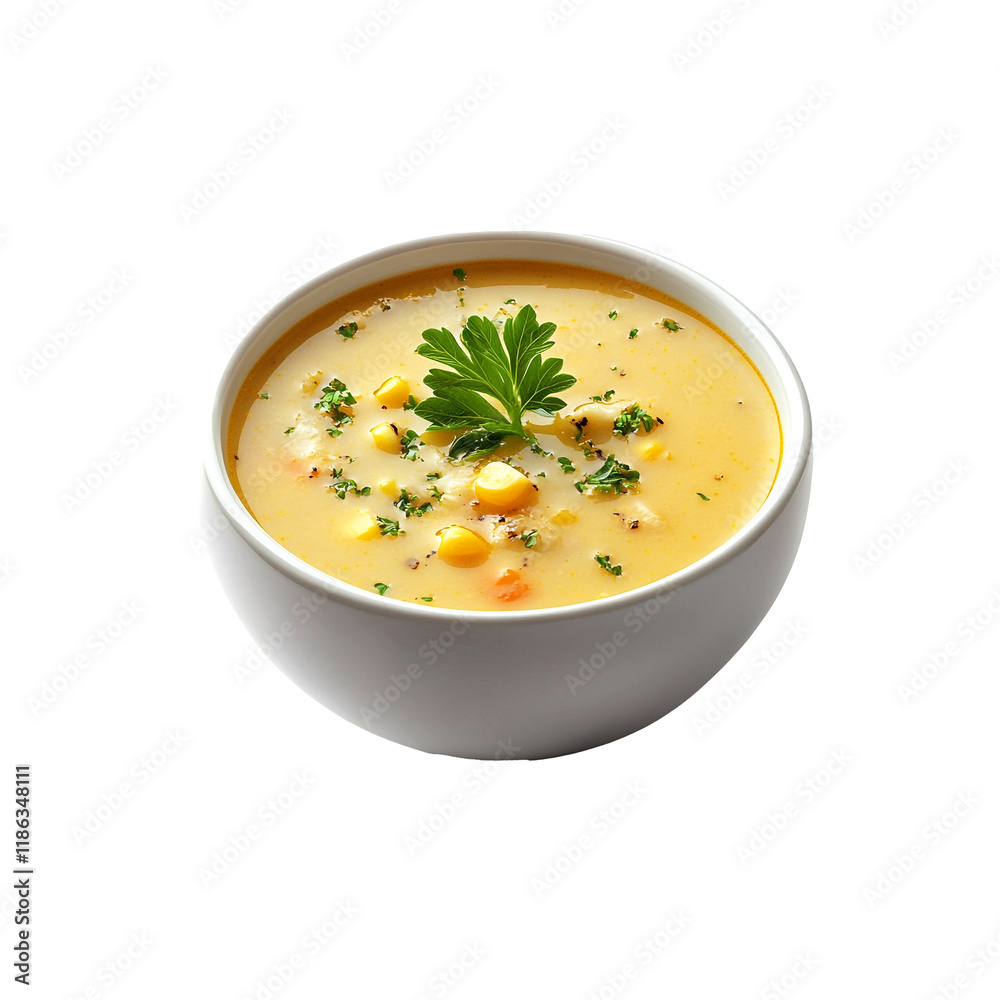 Creamy Corn Soup with Fresh Herbs transparent on istocoated background Creamy Corn Soup with Fresh Herbs transparent on istocoated background