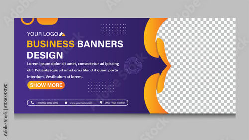 Eye-catching business banner template in purple and orange tones with placeholders for logos, text, and contact details.