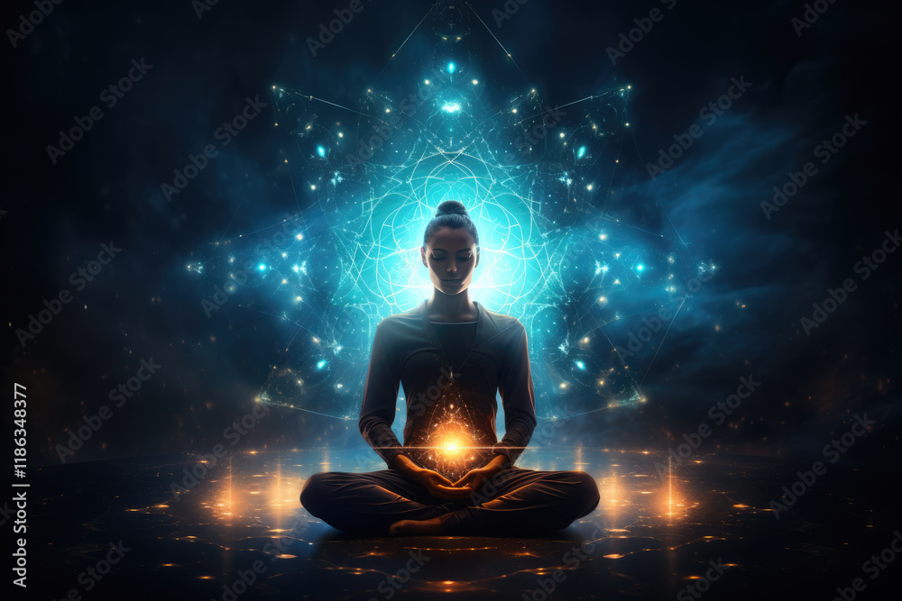 generated illustration of back view Woman sitting in yoga lotus pose and his connection to space generated illustration of back view Woman sitting in yoga lotus pose and his connection to space