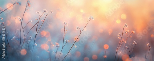 Frosty blossoms, spring morning, sunlight, bokeh effect, soft colors, nature beauty, glowing background, delicate branches, warm atmosphere, floral awakening, serene landscape, peaceful
