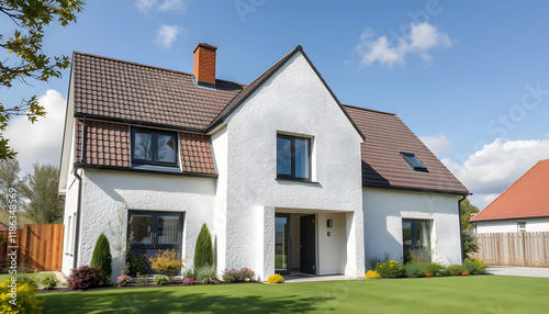 Polystyrene thermal cladding for energy saving on a new house, pop art, with white tones