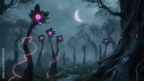 Futuristic night forest landscape with cyber violet flowers, spooky, horrible