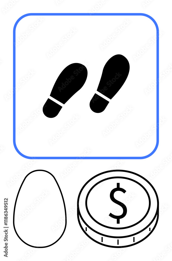 Footprints symbolizing movement, egg representing growth potential, and coin denoting wealth. Ideal for finance, growth, goal setting, planning, strategies, savings abstract line flat metaphor Footprints symbolizing movement, egg representing growth potential, and coin denoting wealth. Ideal for finance, growth, goal setting, planning, strategies, savings abstract line flat metaphor