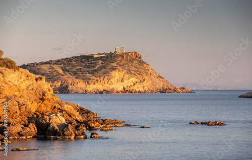 Obraz na płótnie Cape Sounion and Temple of Poseidon. Beautiful sunset over Mediterranean Sea in Greece next to Posideon Temple and Sounion Cape. Amazing landscapes of Greece. w salonie