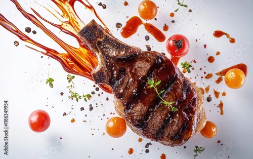 A juicy porterhouse steak surrounded by vibrant splashes of barbecue sauce and roasted cherry tomatoes in mid-air on a white backdrop photo